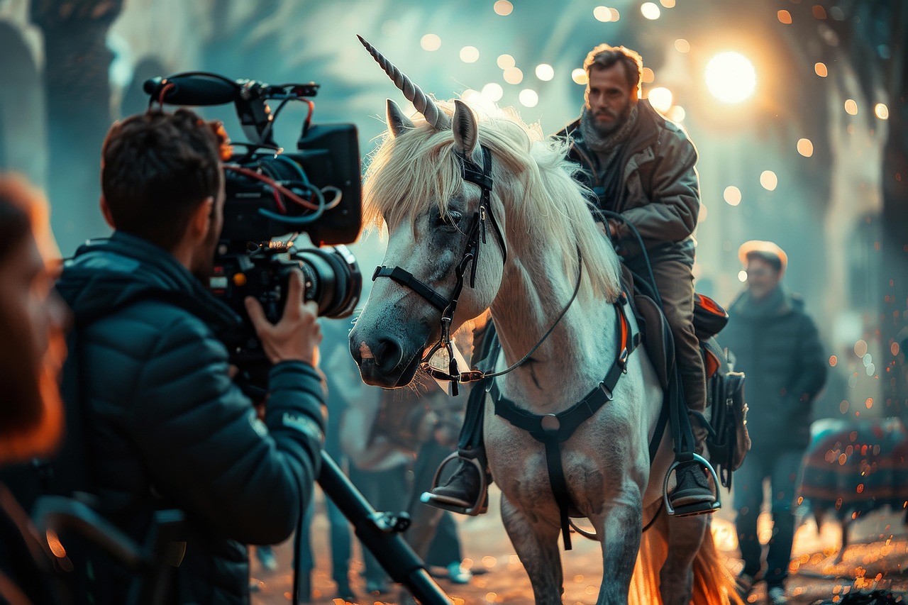 man, unicorn, shoot, film, camera